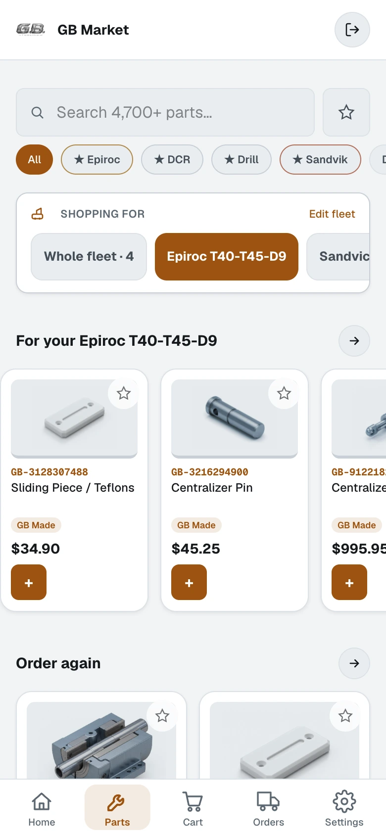 GB Market open on a phone, showing the catalogue filtered to the customer's rig with prices and stock on every card