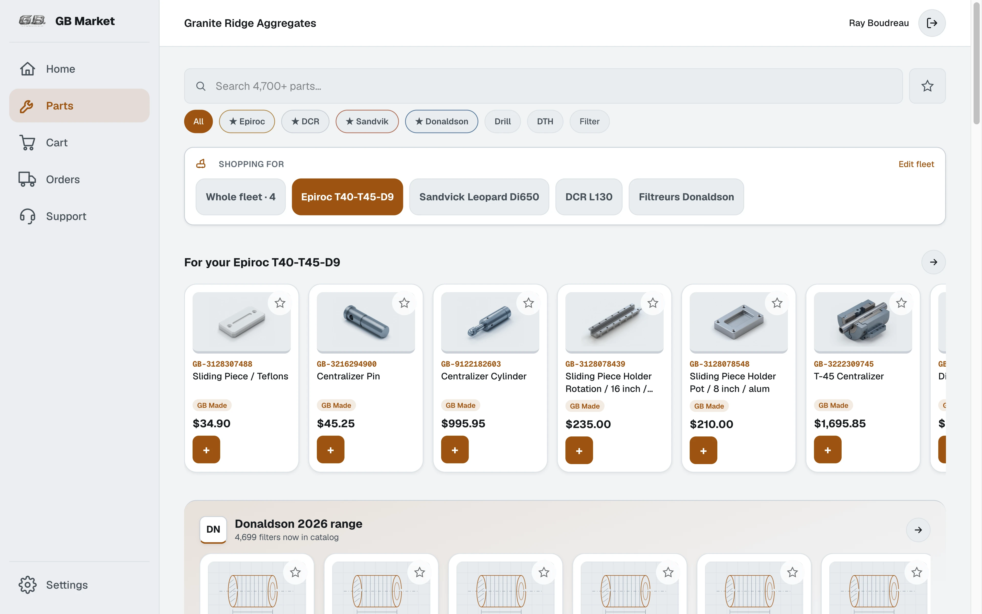 The GB Market catalogue, filtered to the customer's Epiroc T40-T45-D9: part cards with GB numbers, prices and stock levels