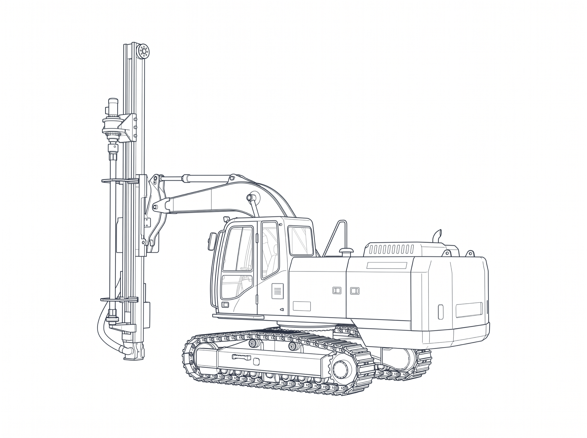 Line drawing of a tracked surface drill rig: vertical feed and rock drill on the left, boom, cab and engine house on a tracked carrier